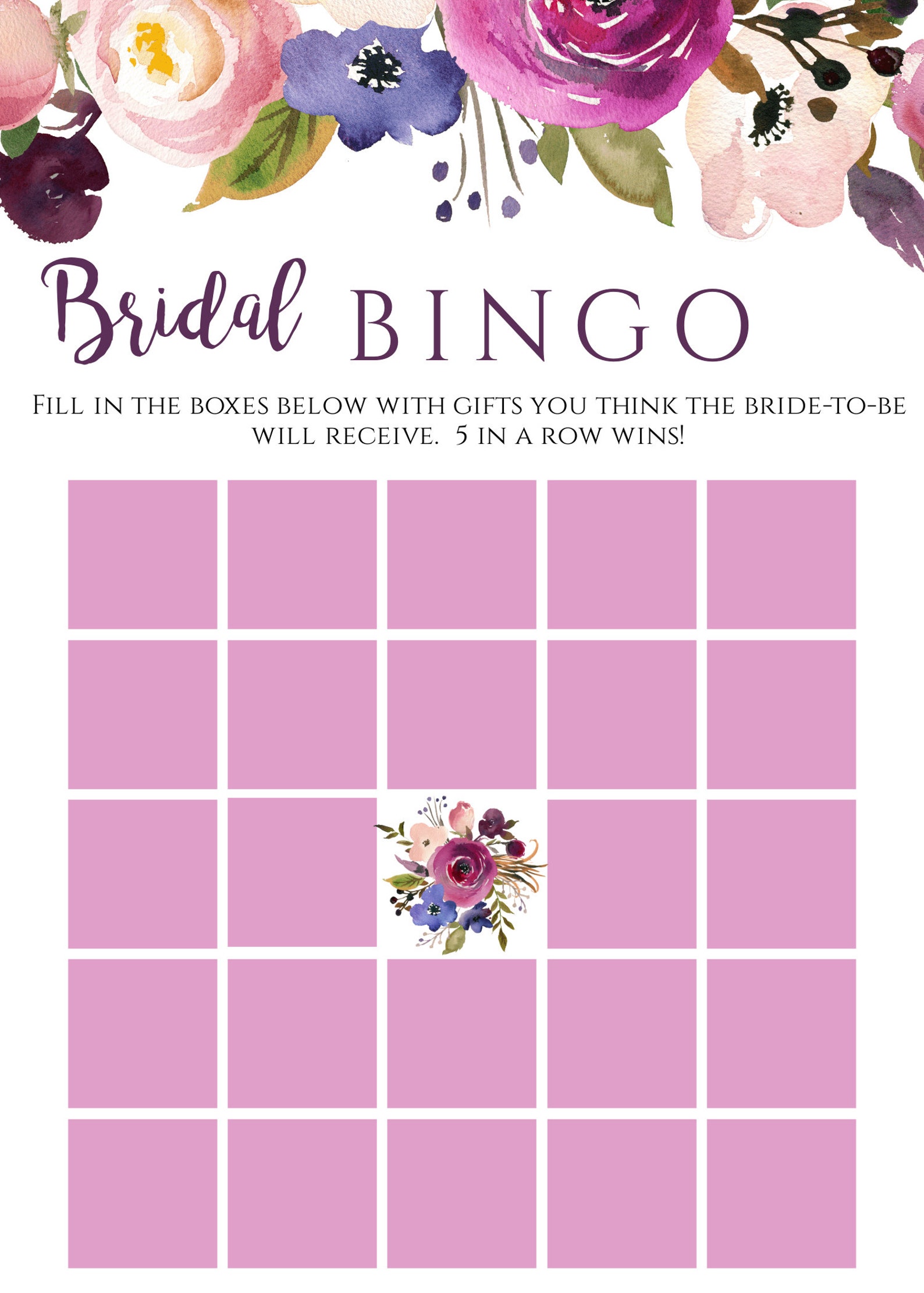 Purple Floral Bridal Shower Bingo Game Template Bridal Shower | Etsy