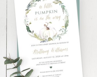 Invitation unisexe pour une fête prénatale sur le thème de la citrouille blanche, invitation aquarelle imprimable, style rustique automnal (WPS).