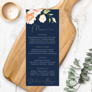 Navy + Gold with Peach Watercolor Flowers Wedding Menu Template, Printable Wedding Menu Cards, DIY Editable Dinner Menu Reception Card WBNGP