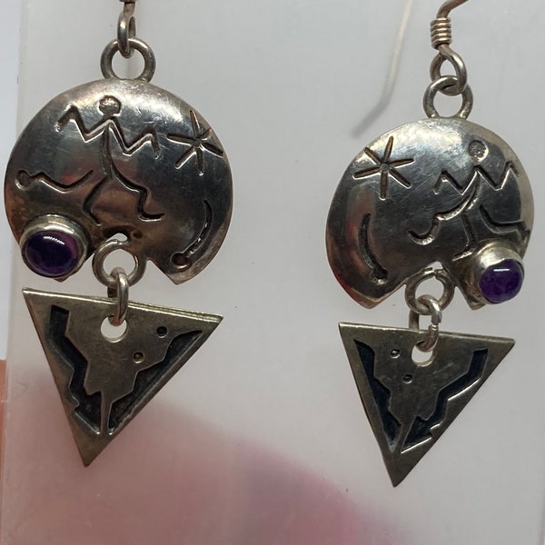 Boucles d'oreilles pendantes vintage en argent sterling avec cabochon d'améthyste de style aztèque mexicain