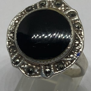 Antique Art Deco 1920s Sterling Silver Onyx & Marcasite Statement Ring Size T