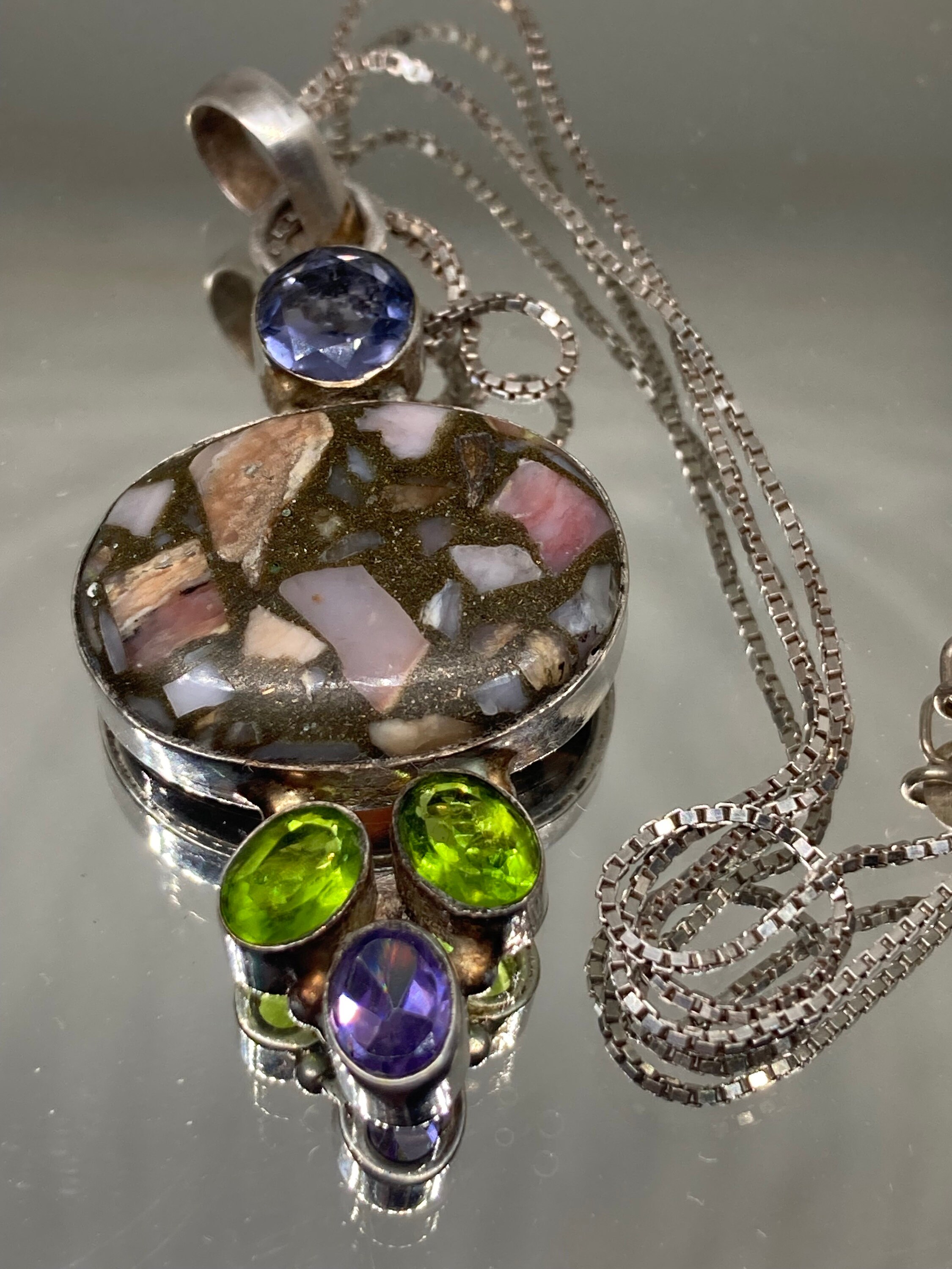 Collier Argent 925 Perles Améthyste & Péridot - Style Vintage - Pièce Unique Occasion - Argenté