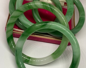 Vintage Chinese Hand Blown Mid Century Green Peking Glass Stacking Bangle/ Bracelet
