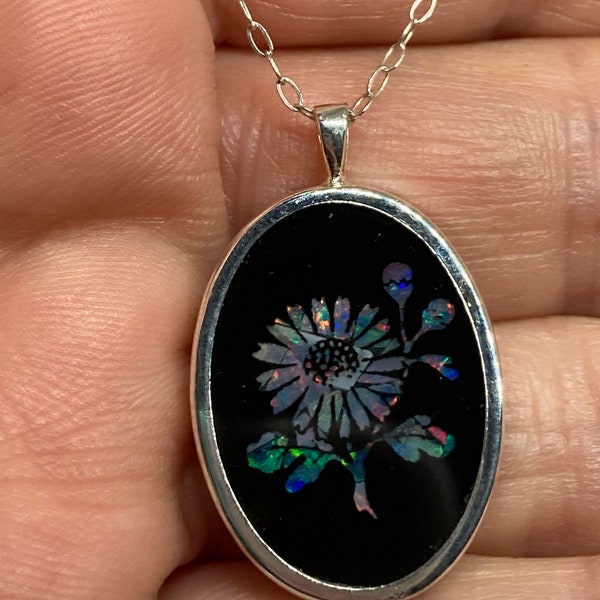 Vintage Sterling Silver Fiery Opal Flower Mosaic Pendant & Chain Pendant Necklace