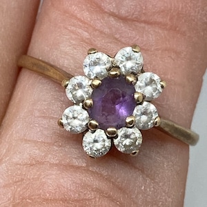 Antique Art Deco 9Ct Faceted Oval Natural Amethyst and White Paste Flower Cluster Ring Size O