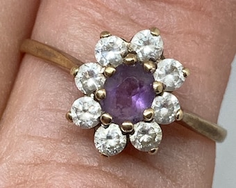 Antique Art Deco 9Ct Faceted Oval Natural Amethyst and White Paste Flower Cluster Ring Size O