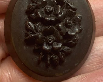 Antique Victorian C1880s Hand Carved Gutta Percha Floral Design Mourning Brooch