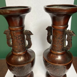 Wonderful Pair of Antique 19th Century Japanese Meiji Period Bronze Dragon Handle Vases 7.5”