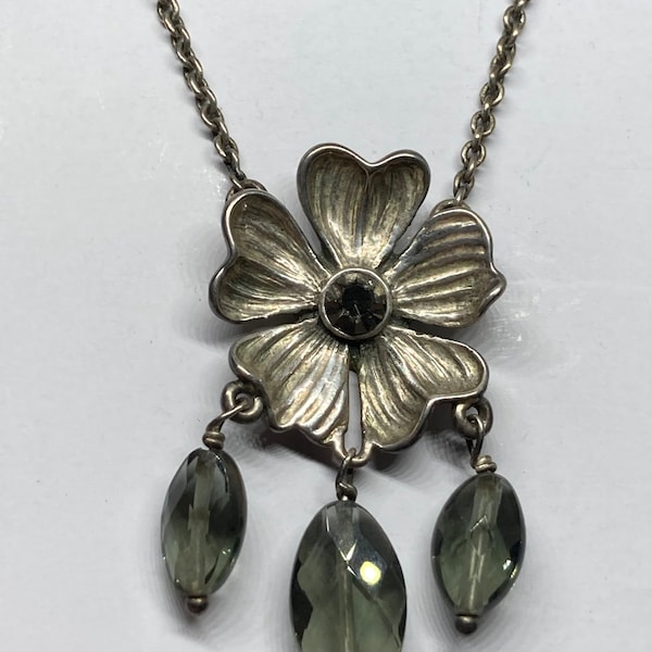 Vintage Signed Pilgrim Danish Design Silver Poppy and Crystal Dangle Drop Necklace