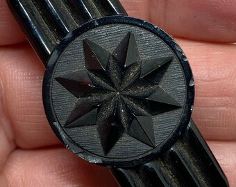 English Victorian C1880s Whitby Jet Hand Carved Star Large Bar Brooch Mourning Pin