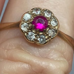 Antique Art Deco Circa 1926 9Ct Yellow Gold Natural Ruby and Old Cut Diamond Halo Engagement/Cocktail Ring Size N Hallmarked