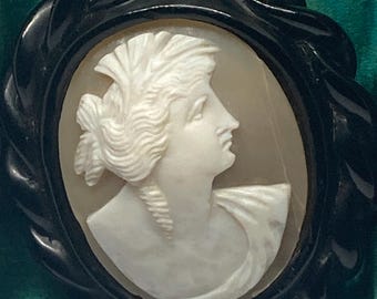 Victorian Whitby Jet & Shell Cameo Brooch Exquisitely Detailed Carved Portrait, 1880s