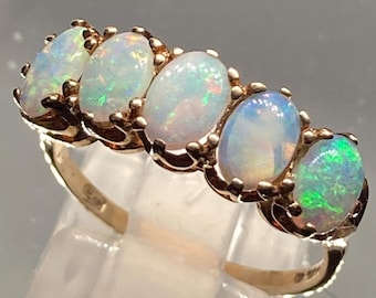 Vintage 9Ct Yellow Gold Natural Fiery Opal Five Stone Victorian Style Stackable Ring Size O Hallmarked