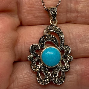 Vintage Sterling Silver Turquoise Marcasite Pendant Necklace