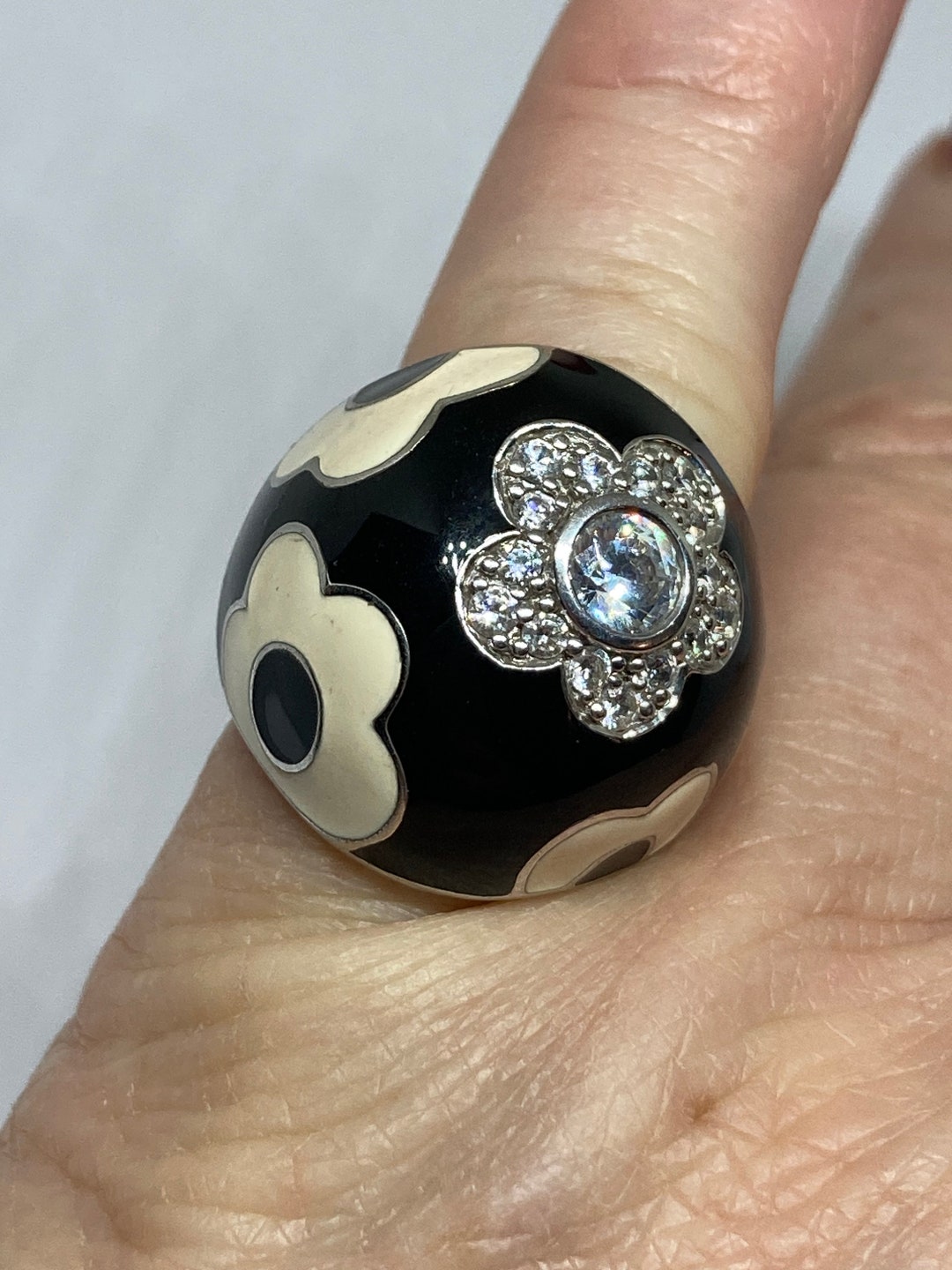 Italian Designer Belle Etoile Sterling Silver Enamel Daisy CZ Domed ...