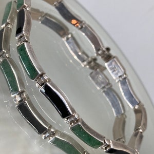 Vintage Mexican 950 Silver Natural Malachite & Onyx Link Bracelet