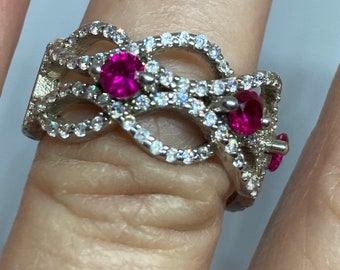 vintage Sterling Silver Ruby & White Topaz Ring Taille N