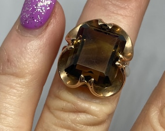 Vintage 1970s 9Ct Yellow Gold Emerald Cut Smoky Quartz Cocktail Ring Size K Hallmarked