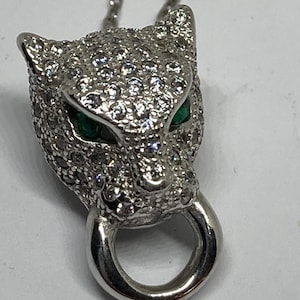 Stunning Art Deco Style Sterling Silver Panther Head Diopside Gem Green Eyes Pendant/Necklace