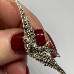 May include: A silver bird brooch, featuring marcasite stones and a red gemstone eye. The brooch depicts a swallow in flight, with detailed feather and wing designs. The bird's body is covered in small, sparkling stones.
