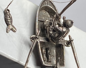 Vintage Dutch Sterling Silver Miniature Figurine Fisherman in boat moving oars & fish