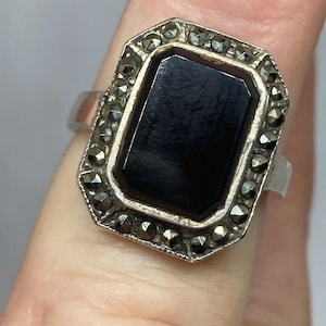 Art Deco Sterling Silver Onyx & Marcasite Statement Ring Size O