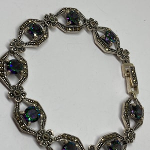Vintage Art Deco Sterling Silver Mystic Topaz Marcasite Bracelet