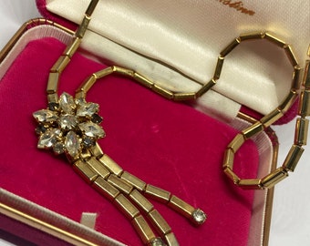 Vintage 1960s Gold tone box link crystal flower long tassel necklace