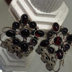 May include: A pair of silver-toned earrings featuring a cluster of dark red and black oval-shaped gemstones. The earrings have a floral design at the base and a hook closure. The gemstones are set in a silver metal frame.
