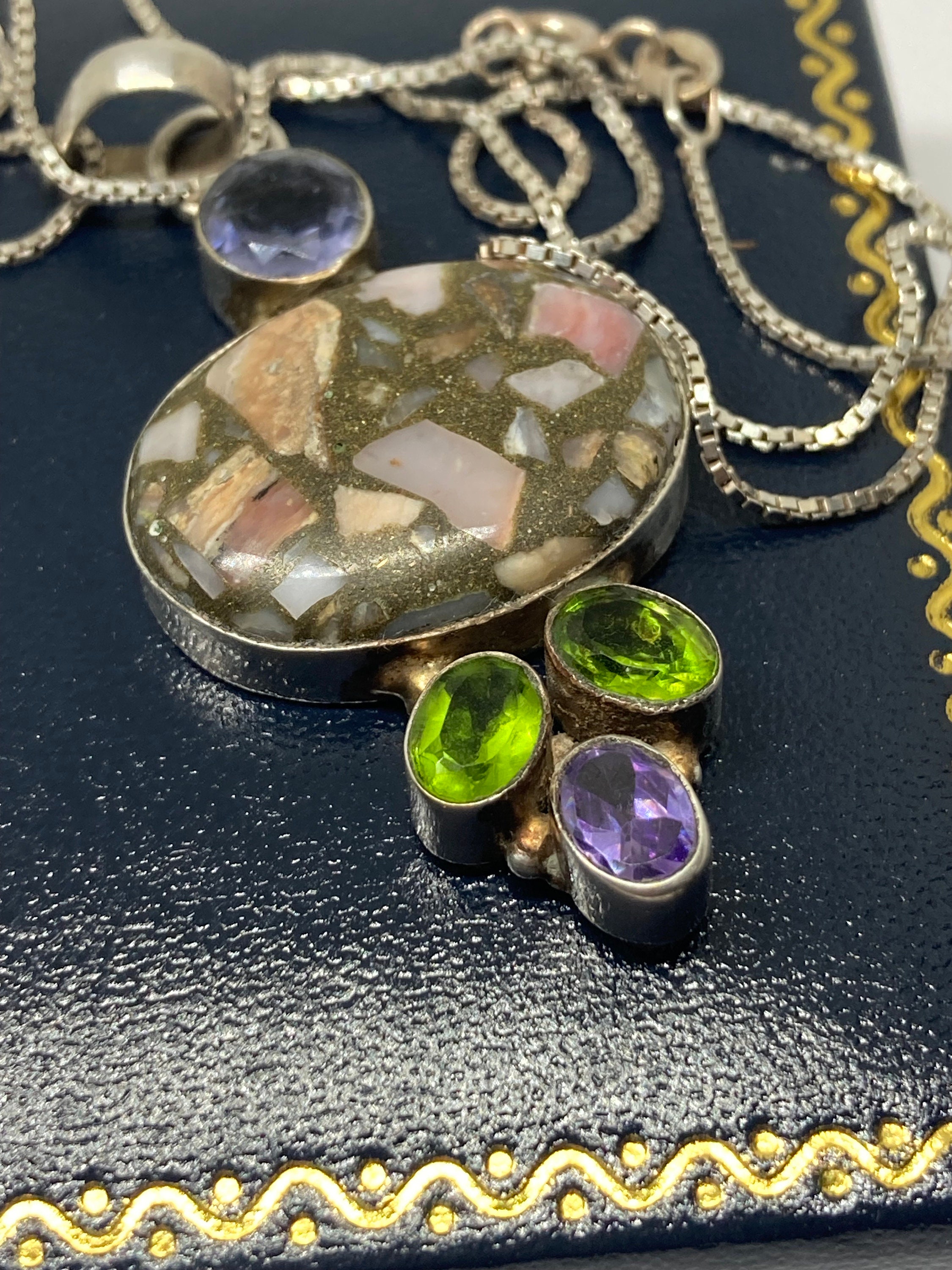 Collier Argent Massif 925 Avec Perles D'améthyste Et Péridot - Style Vintage, Occasion