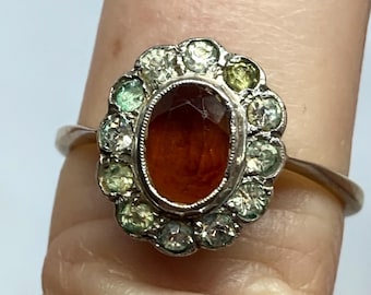 Antique 9Ct Gold & Silver Art Deco  1920s Hesanite Garnet and Paste Halo Ring Size M