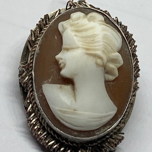 Antique Art Deco 1920s Continental 800 Silver Carved Shell Cameo Brooch/Pendant