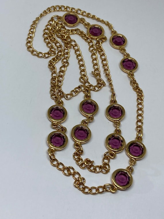 Vintage Gold Plated Bezel Set Faceted Glass Amethyst 30” Necklace