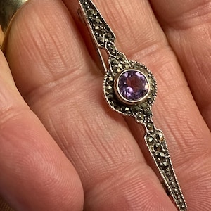 Antique Art Deco Sterling Silver Amethyst & Marcasite Bar Brooch