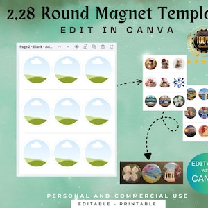 Könnte beinhalten: Eine Vorlage für runde Magnete mit 5,79 cm Durchmesser, bearbeitbar in Canva. Das Design umfasst leere Magnetvorlagen, Beispielentwürfe und den Text "EDITABLE WITH CANVA". Das Bild enthält auch den Text "PERSONAL AND COMMERCIAL USE" und "EDITABLE - PRINTABLE".