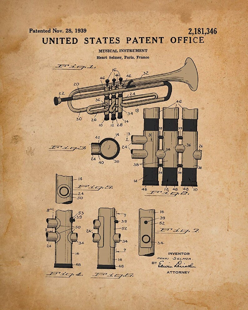 Original Musical Instrument Patent Prints 1908-1951 Band Members or A Practice Room Wall A Great Gift for Musicians Awesome Set of 4