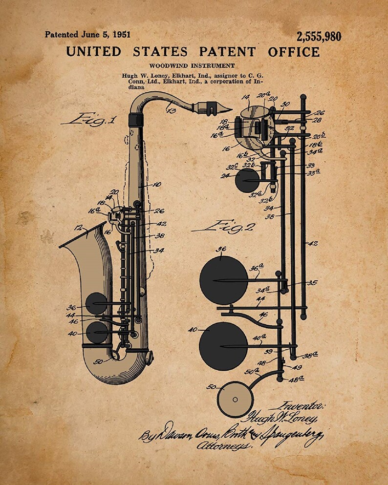 Original Musical Instrument Patent Prints 1908-1951 Band Members or A Practice Room Wall A Great Gift for Musicians Awesome Set of 4