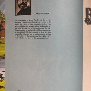 May include: A book cover with a black and white illustration of a man with a mustache and beard. The title of the book is "Award Adventure Classics" and the author is John Worsley. The book cover also includes the text "ISBN 0 86163 066 1" and "Award Publications Limited 1982".
