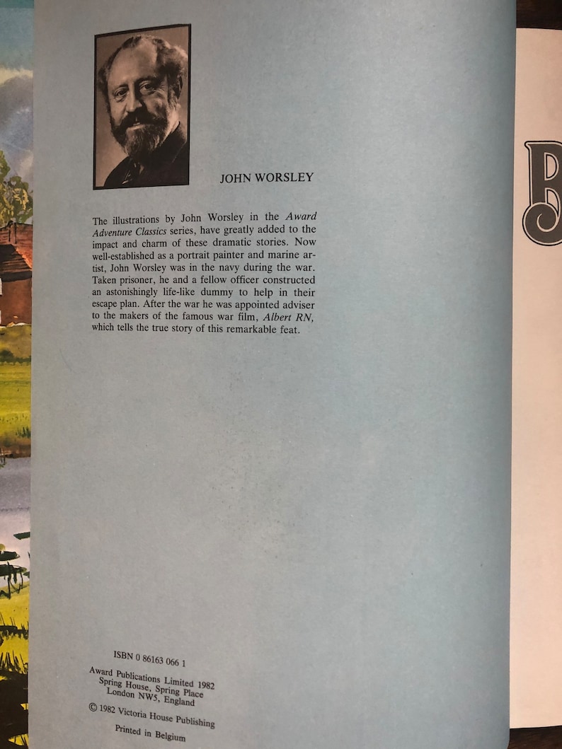 May include: A book cover with a black and white illustration of a man with a mustache and beard. The title of the book is "Award Adventure Classics" and the author is John Worsley. The book cover also includes the text "ISBN 0 86163 066 1" and "Award Publications Limited 1982".