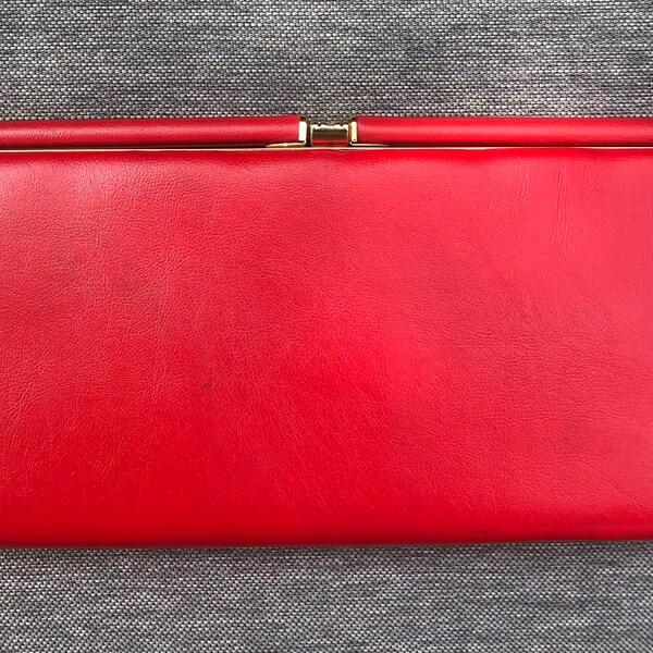 Vintage Red Clutch Purse Handbag, 100% Leather, Gold Metal Frame and Gold Clasp Closed, Retro 80th