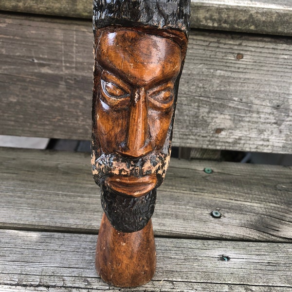 African Jamaican Bearded Man, Bust Head Wooden  Hand Carved Statue