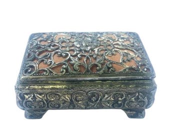 Vintage Silver Tone Incised Trinket Box FKS Jewelry Box, Japan
