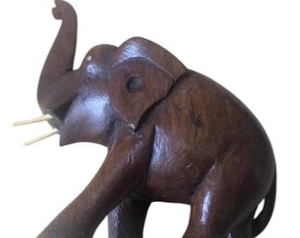 Trunk Up Elephant Dark Hard Wood 6” Tall