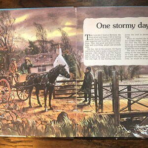 May include: A black horse-drawn carriage with two people riding in it. The carriage is on a dirt road with a white house in the background. The sky is overcast and there are leaves blowing in the wind. The text "One stormy day" is written in large letters at the top of the page.