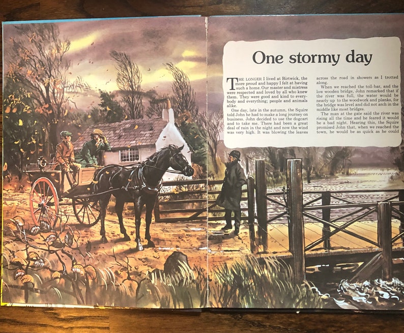May include: A black horse-drawn carriage with two people riding in it. The carriage is on a dirt road with a white house in the background. The sky is overcast and there are leaves blowing in the wind. The text "One stormy day" is written in large letters at the top of the page.