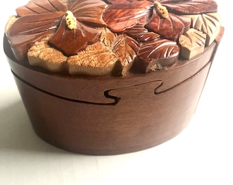 Vintage Handcrafted Wooden Flowers Shape Secret Jewelry Puzzle Box Flowers, Trinket Box, Jewelry Ring Box