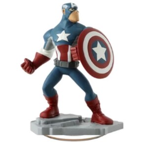 May include: A Captain America figurine in a dynamic pose, holding his iconic shield. The figure is predominantly blue, red, and white, with a star emblem on the chest and shield. The figurine is standing on a gray base.