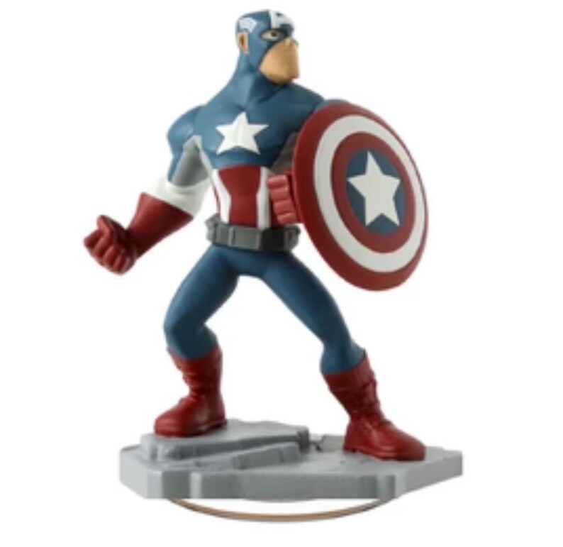 May include: A Captain America figurine in a dynamic pose, holding his iconic shield. The figure is predominantly blue, red, and white, with a star emblem on the chest and shield. The figurine is standing on a gray base.