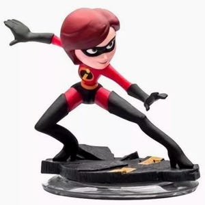 May include: A red and black action figure of a female superhero with red hair and a black mask. The figure is posed in a dynamic action pose with one leg extended forward and the other leg bent at the knee. The figure is standing on a black base with a gold lightning bolt design.