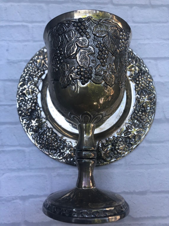 Vintage Kiddush Cup and Saucer Silver Plated Grape Pattern Etsy